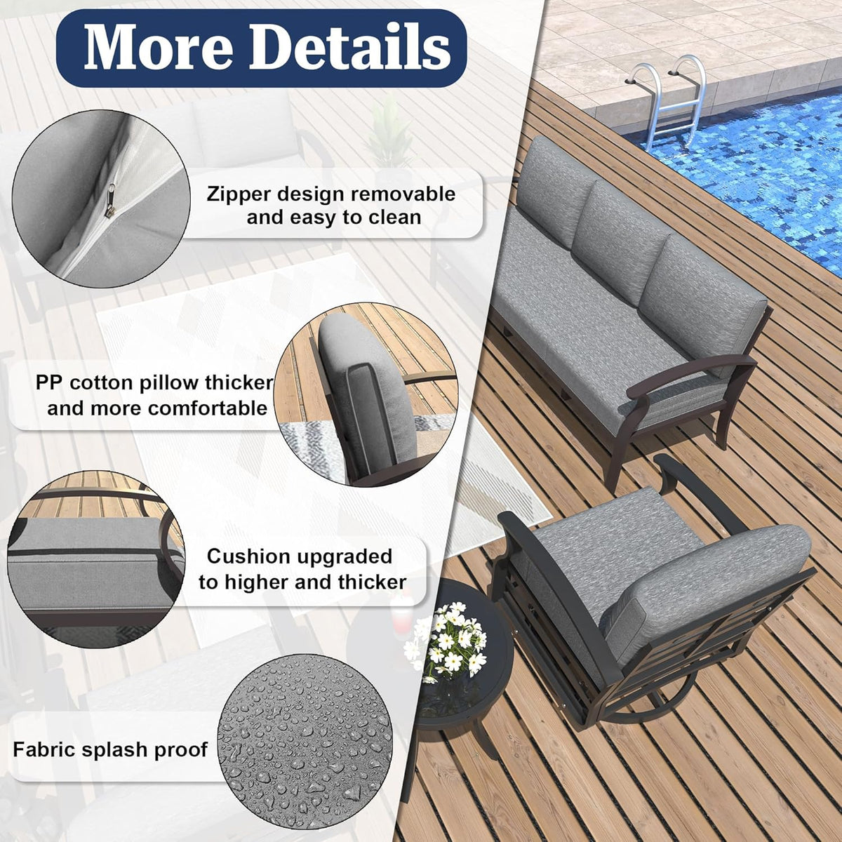 ALAULM Aluminum 3-Seat Patio Furniture Set, Metal Outdoor Furniture Sectional Sofas w/5.1" Cushions for Patio, Backyard, Poolside-Grey