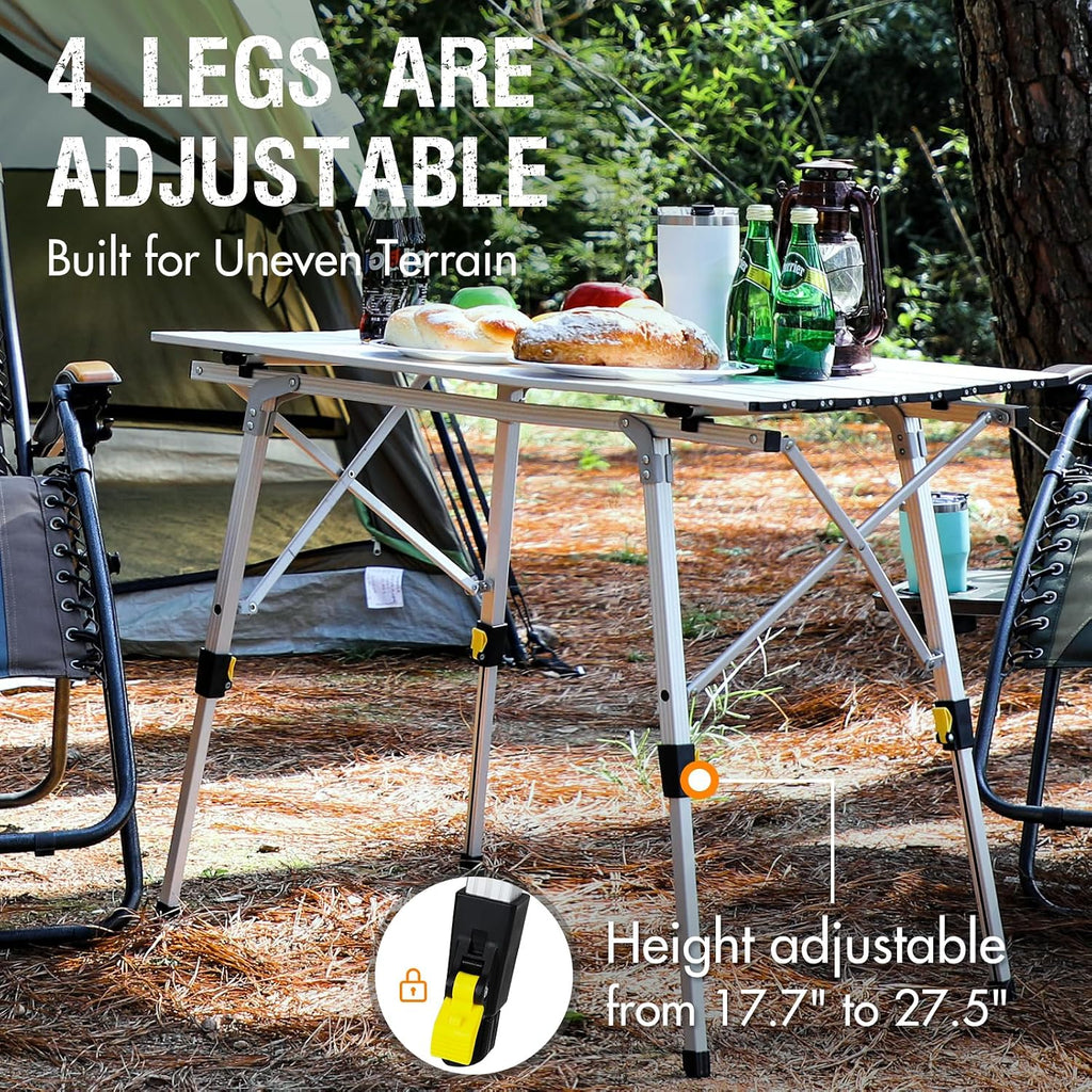 Portal Outdoor Folding Portable Picnic Camping Table with Adjustable Height Aluminum Roll Up Table Top Mesh Layer, Silver