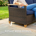 Outsunny 3 Seater Outdoor Couch Sofa, PE Wicker Patio Couch with Wide Deep Seating, 4" Foam Cushions, Wood-Effect Armrests and Legs, Patio Sofa Furniture for Garden, Backyard, Porch, Dark Blue