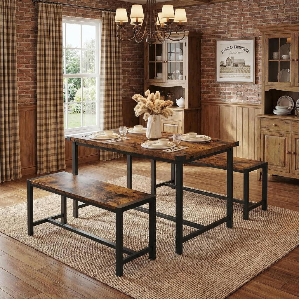 GAOMON Dining Table Set for 4, Wooden Kitchen Table with 2 Benches, 3 Piece Rectangular Dining Room Set, Space Saving Kitchen Tables Sets for Apartment, Small Space, Home, Rustic Brown