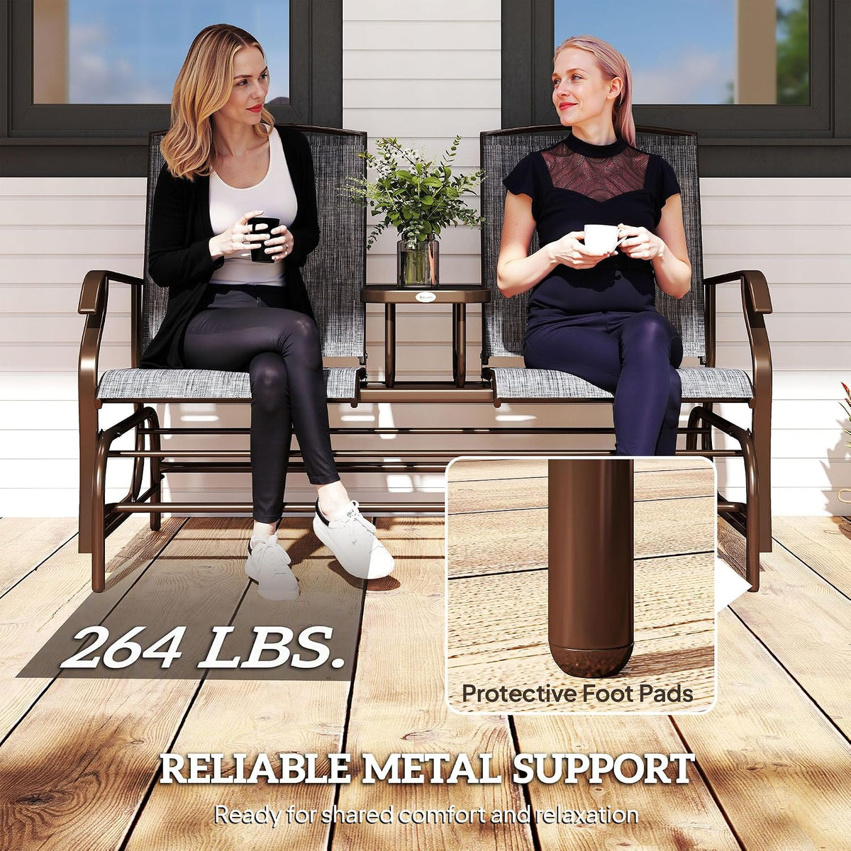 Outsunny Outdoor Glider Bench with Center Table Metal Frame Armrests Gray | Patio Loveseat, Breathable Mesh Fabric, for Backyard Garden Porch