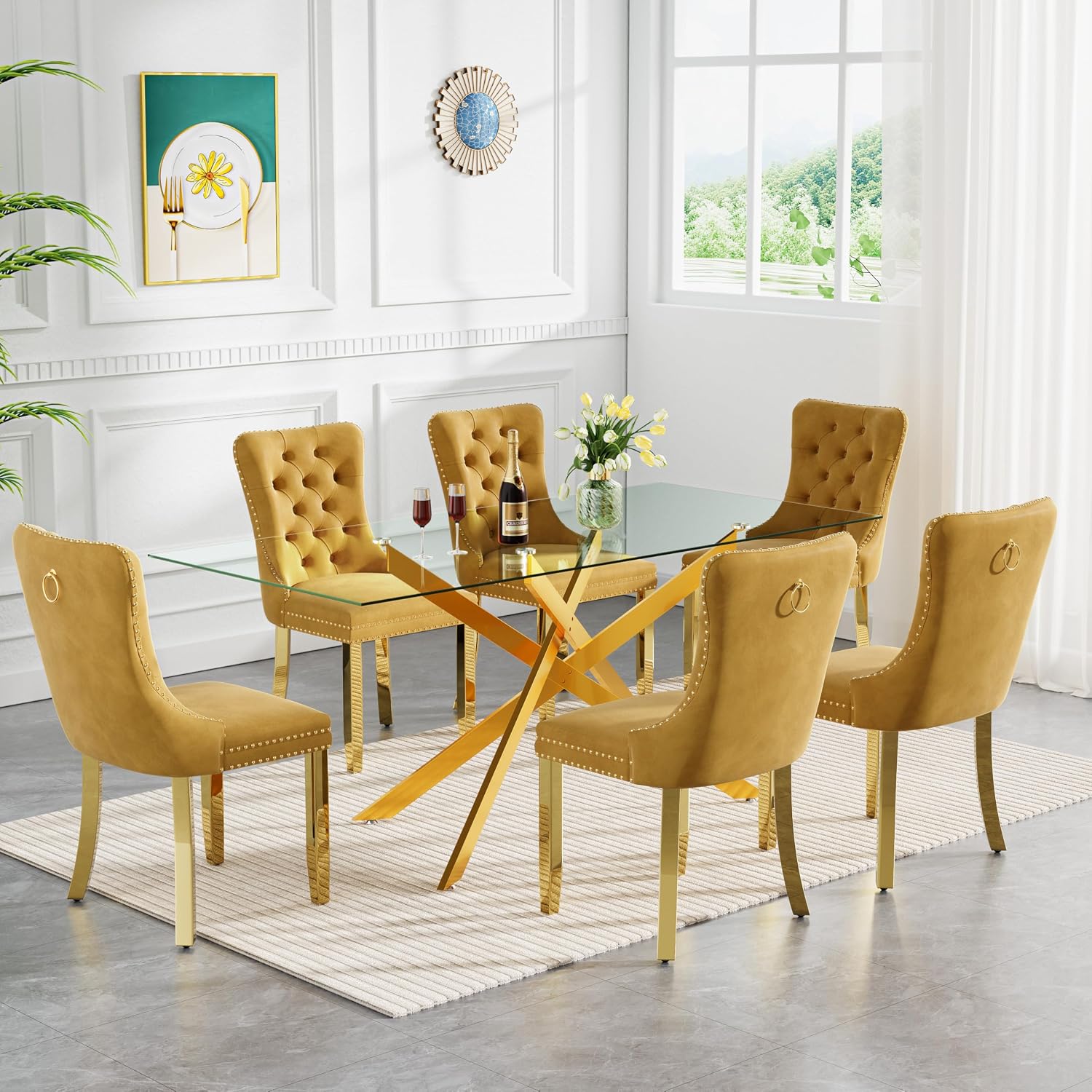 HomVent 60'' Rectangle Glass Dining Table Set for 6 | Glass Kitchen Table Chairs Set, 7PCS Modern Dining Room Table Set with 6 Dining Chair for Home Dining Room Kitchen