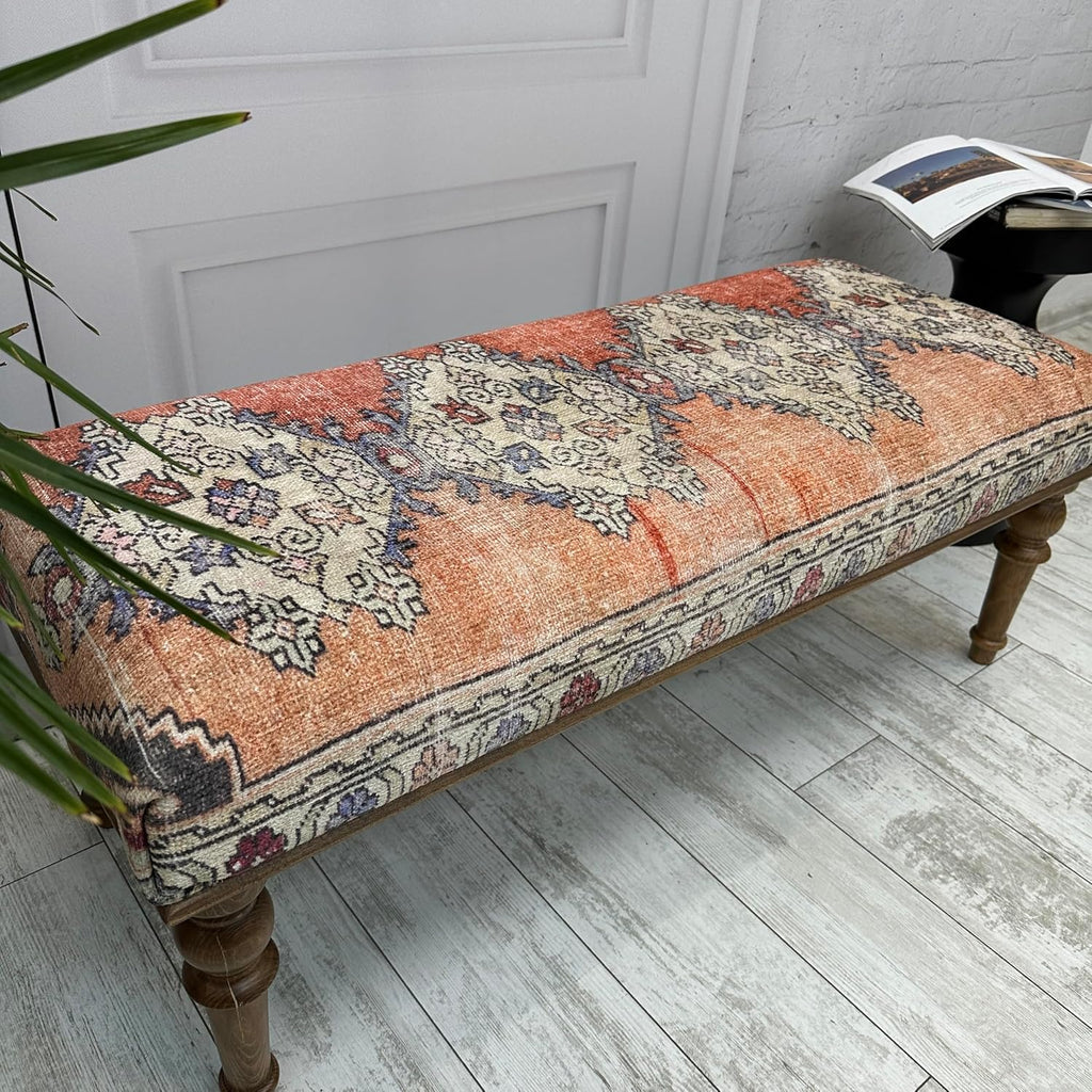Ottoman Bench with Rug Upholstered Handmade Wood Work for Boho Farmhouse Kitchen Dining Room Entryway Footstool Livingroom Bedroom, Piano Bench, Coffee Bench (Era-62, 18x18x48)