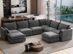 Ihanherry 146" Oversized Modular Sectional Sofa, Modern V Shaped Cloud Couch with 2 Storage Ottoman, 8-Seat Comfy Chenille Deep Seat Sofa with 2 Pillows for Living Room, Grey