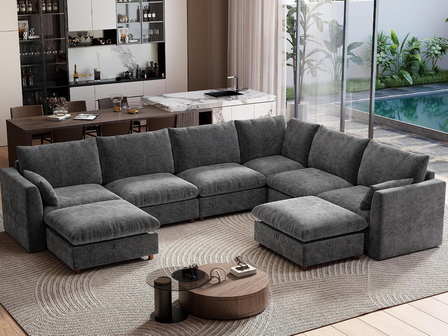 Ihanherry 146" Oversized Modular Sectional Sofa, Modern V Shaped Cloud Couch with 2 Storage Ottoman, 8-Seat Comfy Chenille Deep Seat Sofa with 2 Pillows for Living Room, Grey