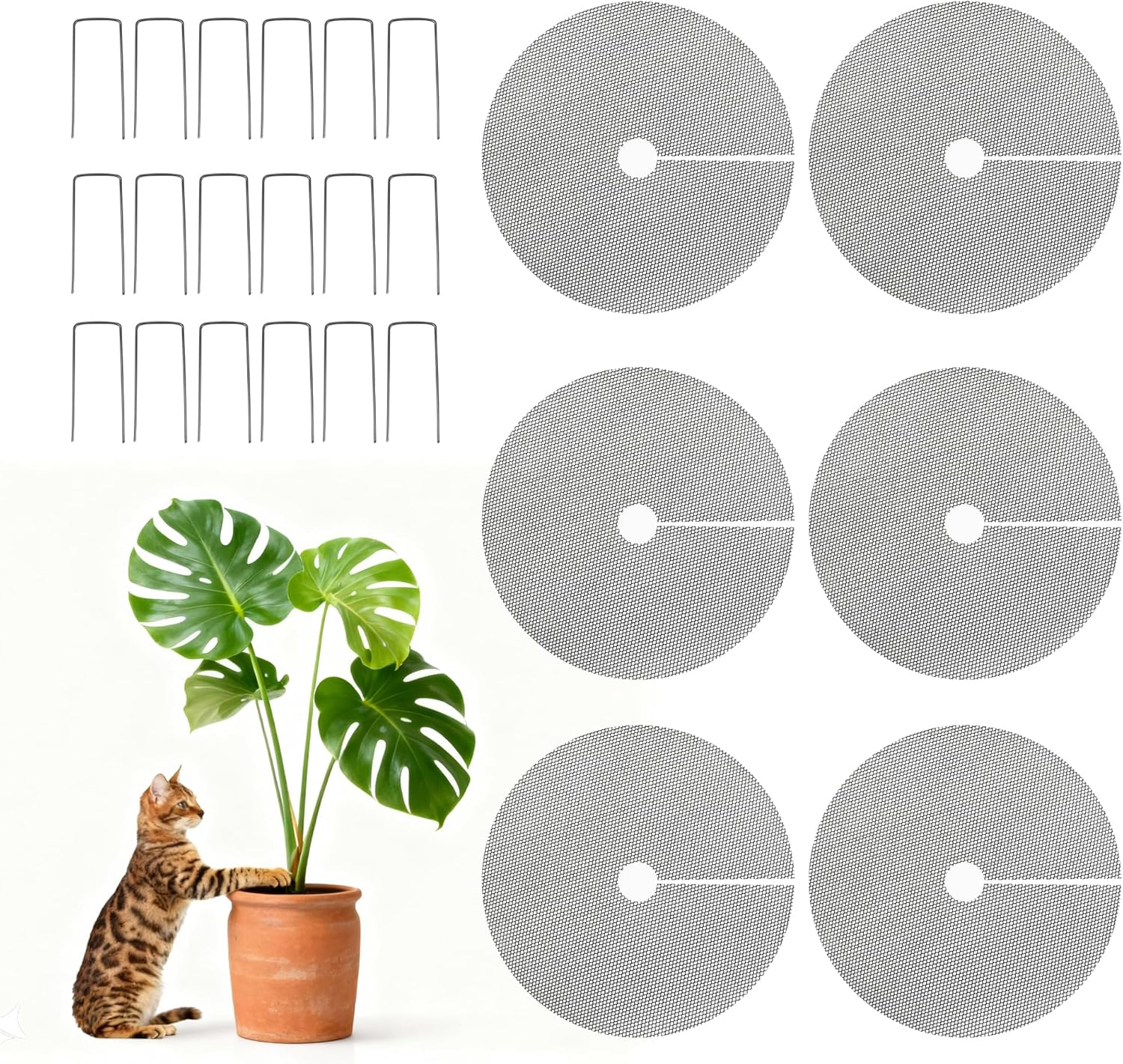 6pc 15.7" Plant Pot Covers Custom Cut Plant Pot Grids to Protect Soil from Animals for Indoor & Outdoor Potted Plants by Preventing Soil Damage Includes 18 Securing Stakes