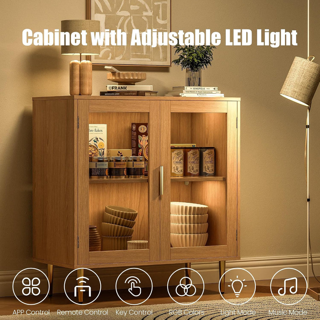 Housoul Buffet Cabinet with LED Lights, Sideboard Cabinet with 2 Doors Acrylic, 32" Modern Buffet Cabinet with Shelf, Coffee Bar Cabinet for Living Room, Kitchen, Oak