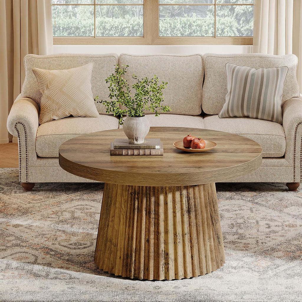Tribesigns 31.5" Round Coffee Table, Modern Fluted Drum Coffee Tables for Living Room, Wood Farmhouse Boho Accent Pedestal Center Table for Apartment, Small Space, Brown