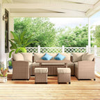 6-Piece PE Rattan Patio Set: 3 Sofas, 2 Ottomans, Coffee Table, Khaki Cushions & Blue Pillows, Steel FFor rame, All-Weather