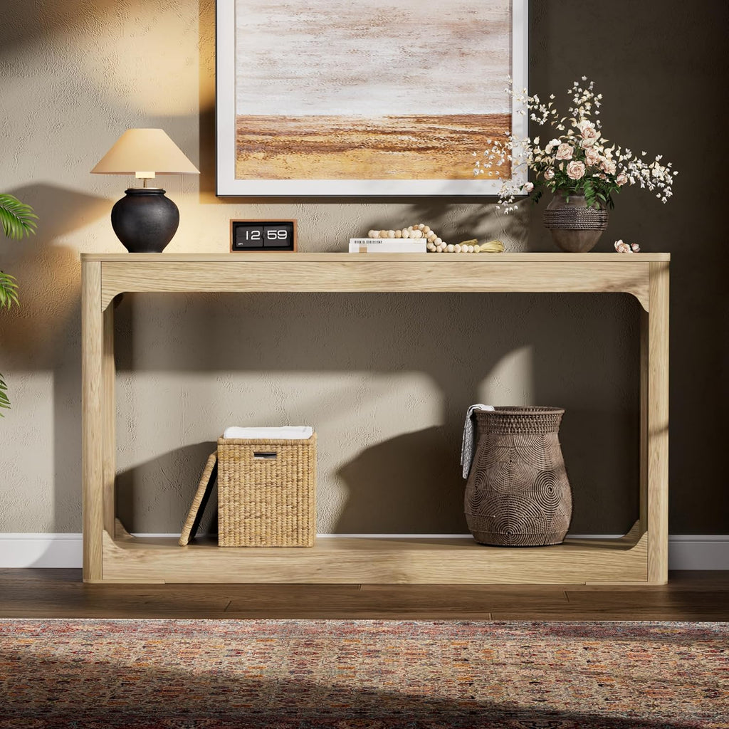 Knocbel Long Sofa Console Table with Bottom Open Storage Shelf, Narrow Wooden Entryway Hallway Foyer Sofa Couch Side Table, Easy Assembly (Natural 55")