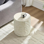 Round Side Table End Table for Living Room, Modern Contemporary Faux Stone Style Fiberglass Material, No Assembly (Beige, ø15.7'' x 17.7'')