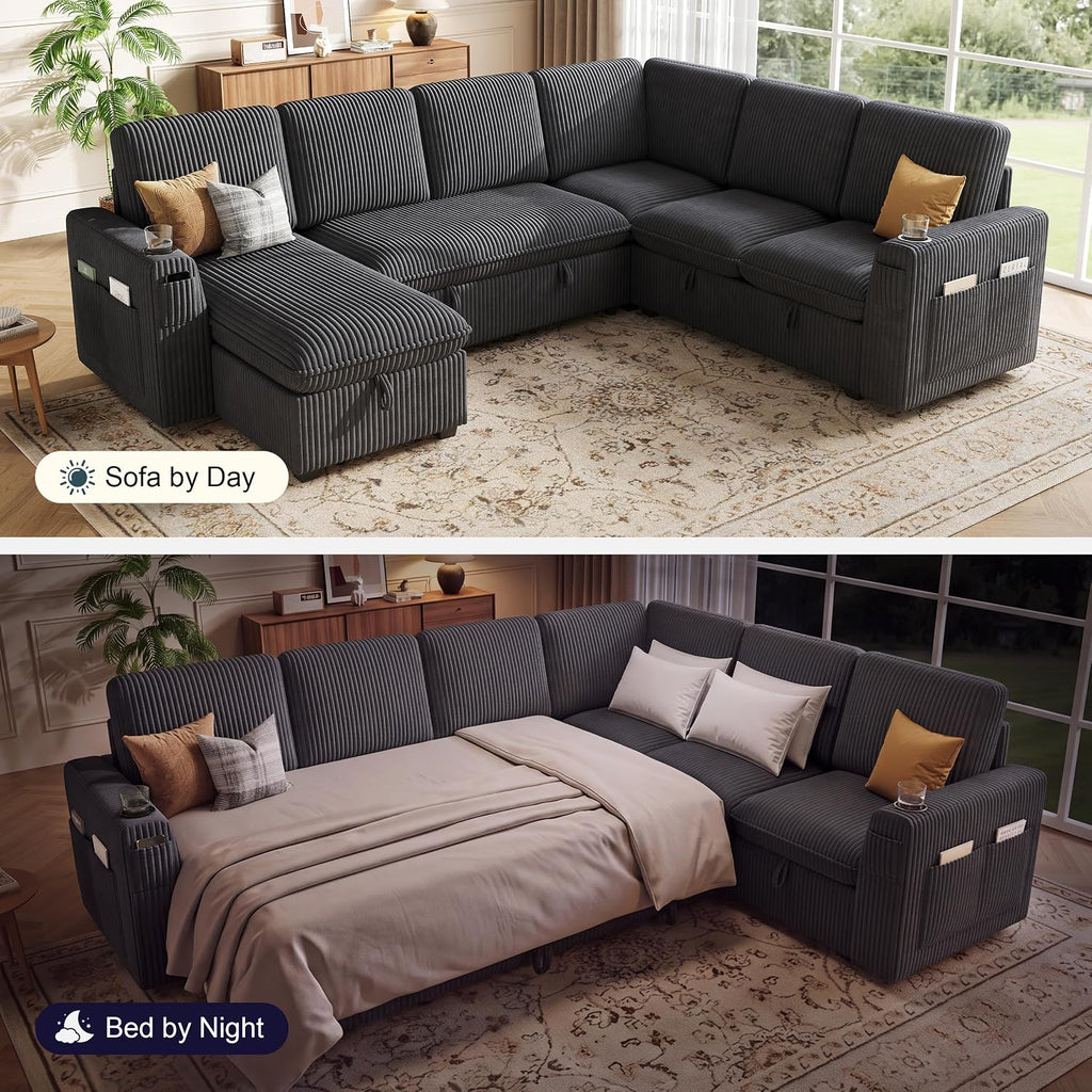 Sectional Sleeper Sofa with Pull Out Bed, Plush Corduroy 7 Seat Modular Sectional Sofa with Storage Chaise and Adjustable Backrest, Cloud Couches for Living Room, Apartment, Dark Grey