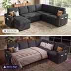 Sectional Sleeper Sofa with Pull Out Bed, Plush Corduroy 7 Seat Modular Sectional Sofa with Storage Chaise and Adjustable Backrest, Cloud Couches for Living Room, Apartment, Dark Grey