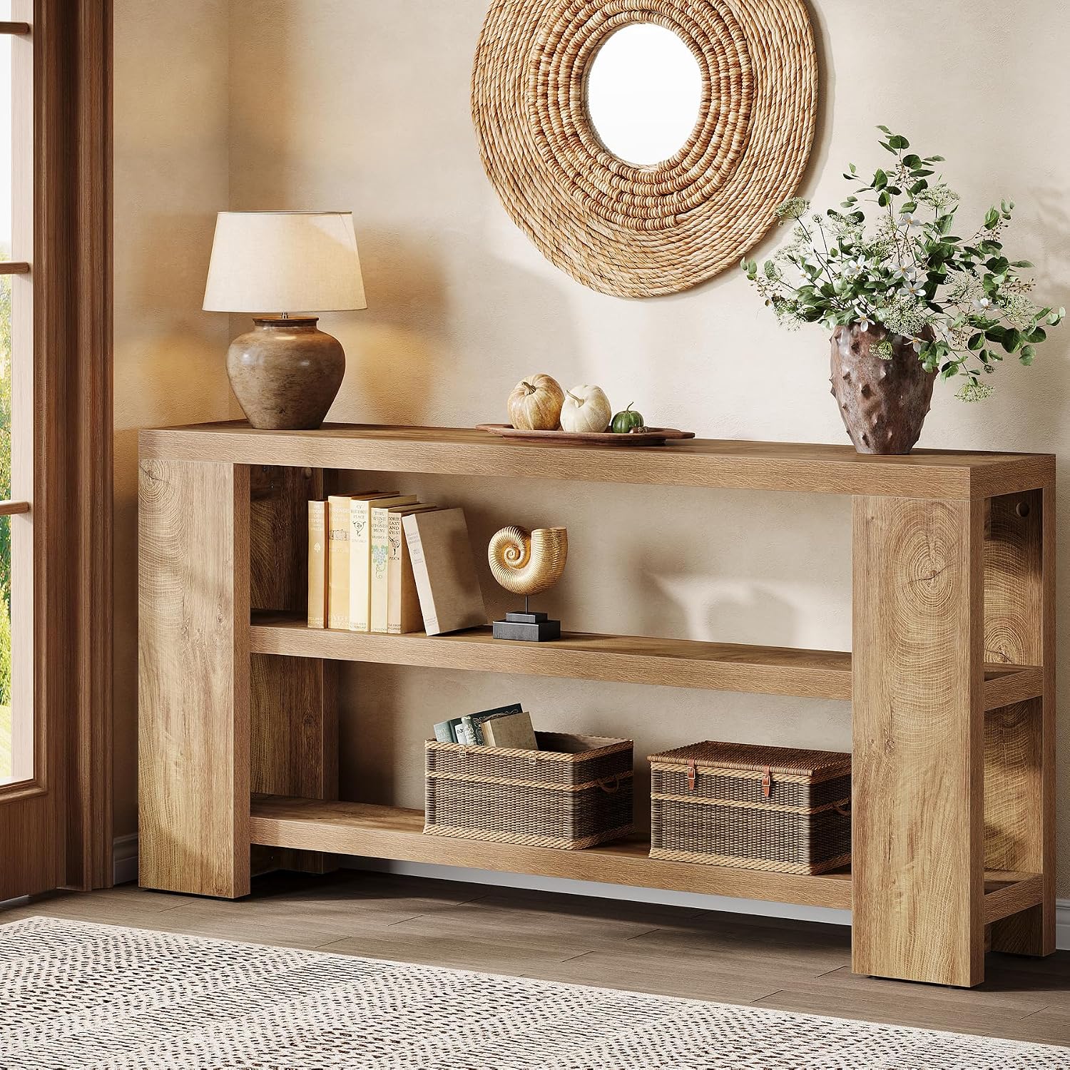 Tribesigns 70.9-Inch Extra Long Console Table with Storage, Narrow Wooden Sofa Table Behind The Couch, Farmhouse 3-Tier Entry Foyer Table for Entryway, Living Room, Hallway, Natural