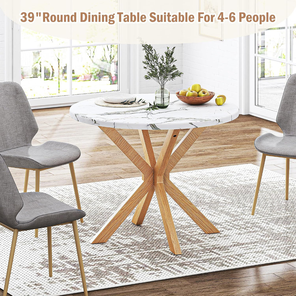 DlandHome Round Dining Table for 4, 39.4 Inches Kitchen Table with X Shaped Wooden Pedestal Base, Circle Dinner Tables for Dining Room, Kitchen, Living Room(Table Only), Marble & Oak Color