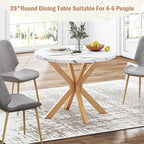 DlandHome Round Dining Table for 4, 39.4 Inches Kitchen Table with X Shaped Wooden Pedestal Base, Circle Dinner Tables for Dining Room, Kitchen, Living Room(Table Only), Marble & Oak Color