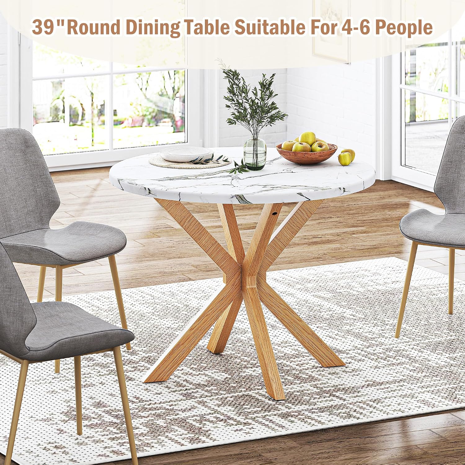 DlandHome Round Dining Table for 4, 39.4 Inches Kitchen Table with X Shaped Wooden Pedestal Base, Circle Dinner Tables for Dining Room, Kitchen, Living Room(Table Only), Marble & Oak Color