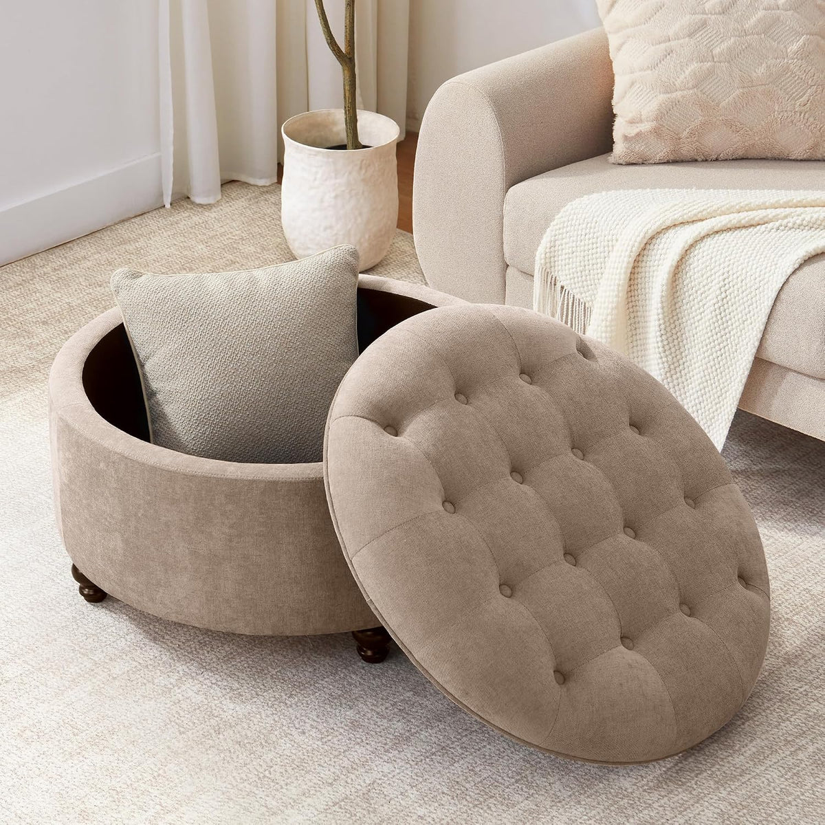 HUIMO 30-Inch Round Storage Ottoman, Button Tufted Coffee Table(Brown) | Ottoman Coffee Table with Removable Top, Upholstered Ottoman with Storage, Footrest Stool for Living Room, Bedroom and Office