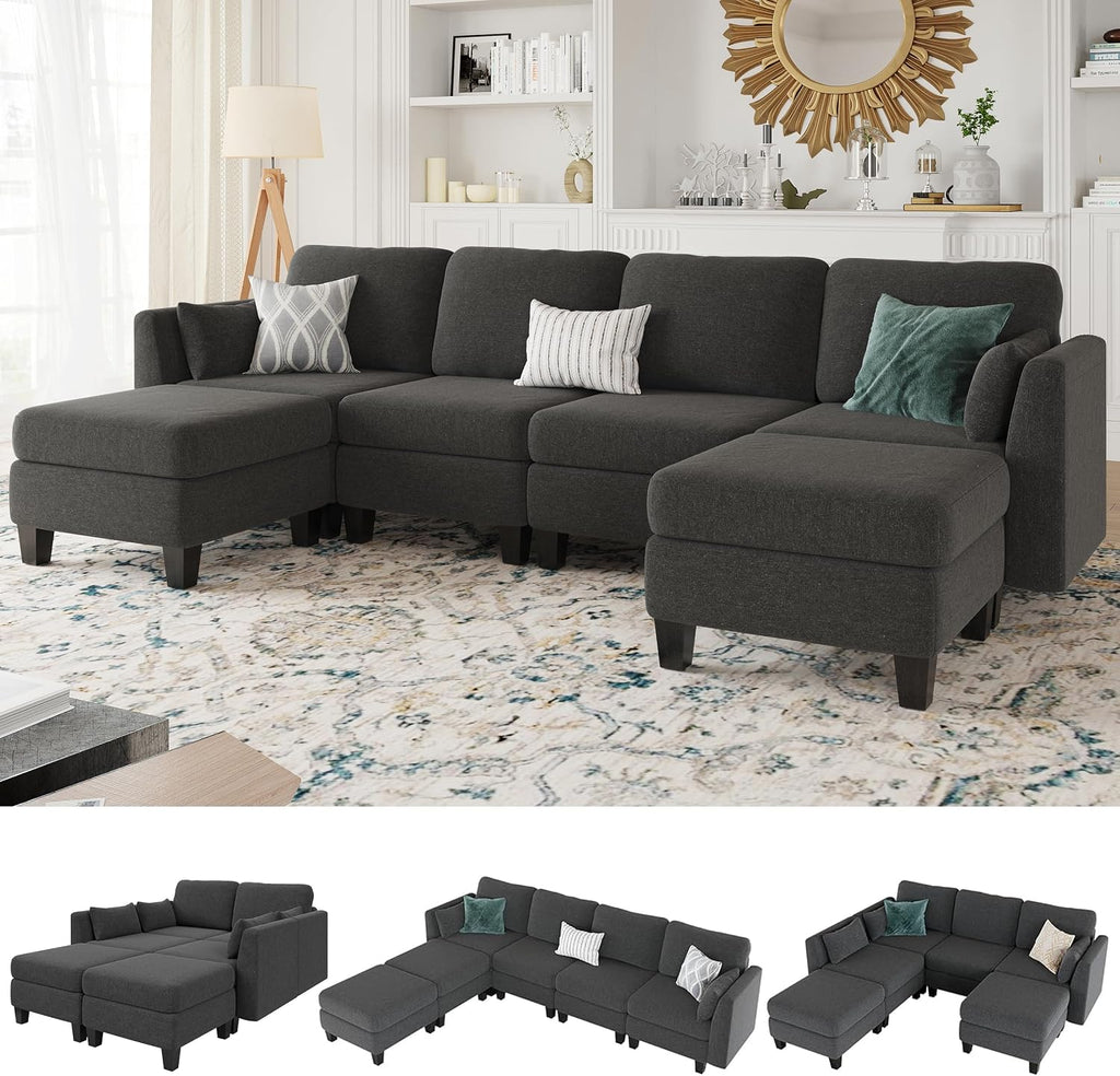 Modular Sectional Sofa 6 Seaters Modular Sleeper Sofa Couch | Comfy Sectionals Couches Bed, Convertible Sofas with Ottomans, Sectional Couches for Living Room, Dark Gray