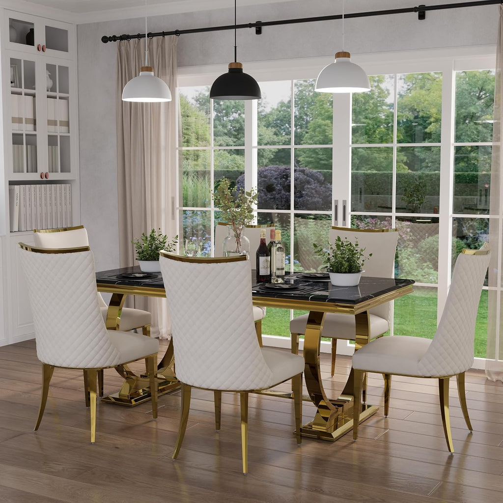 7 Piece Dining Room Table Set for 6, Kitchen and Dining Room Table Set with 70" Gold Rectangular Dining Table and 6 White Velvet Upholstered Dining Chairs