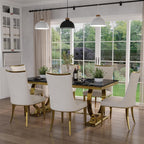 7 Piece Dining Room Table Set for 6, Kitchen and Dining Room Table Set with 70" Gold Rectangular Dining Table and 6 White Velvet Upholstered Dining Chairs