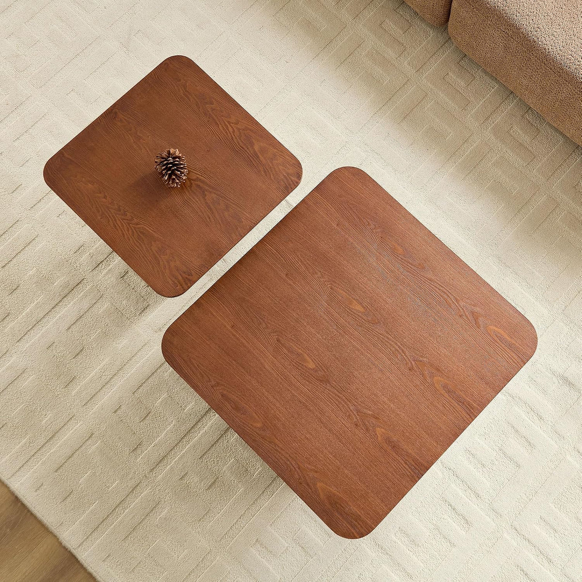 2-Piece Fluted Nesting Coffee Table with Hand-Carved Wavy Base, Mid-Century Modern End Tables for Living Room Office, Brown