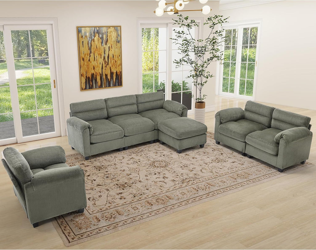 HAOMARKETS Corduroy Sofa Set, Upholstered Ottoman Footrest, Modern Living Room Furniture Sets,Green