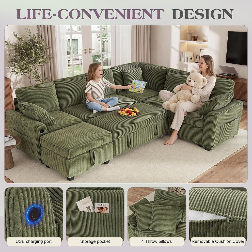 Hanherry Sectional Sofa with Pull Out Couch Bed,6 Seats Corduroy Sleeper Sofa with Storage Ottoman & USB Charging,Comfy L Shaped Modular Couches for Living Room,Apartment