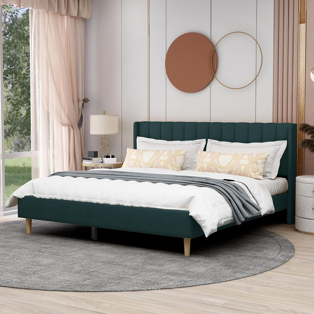 AGARTT Upholstered Platform Bed Frame King Size, Ink Green Velvet