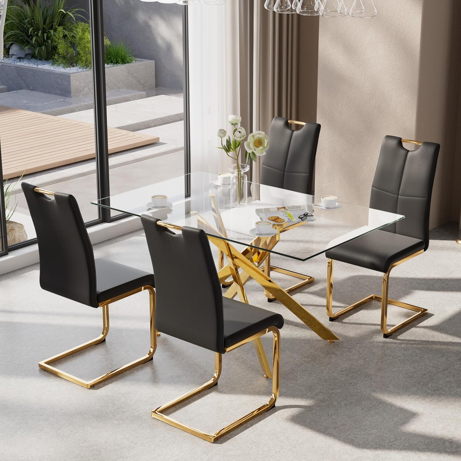 5-Piece Dining Table Set for 4, Modern Rectangular Glass Table with 4 Upholstered Leather Chairs, Space-Saving Dining Room Furniture Table & Chair Sets for Small Spaces & Apartment(Black&Gold)