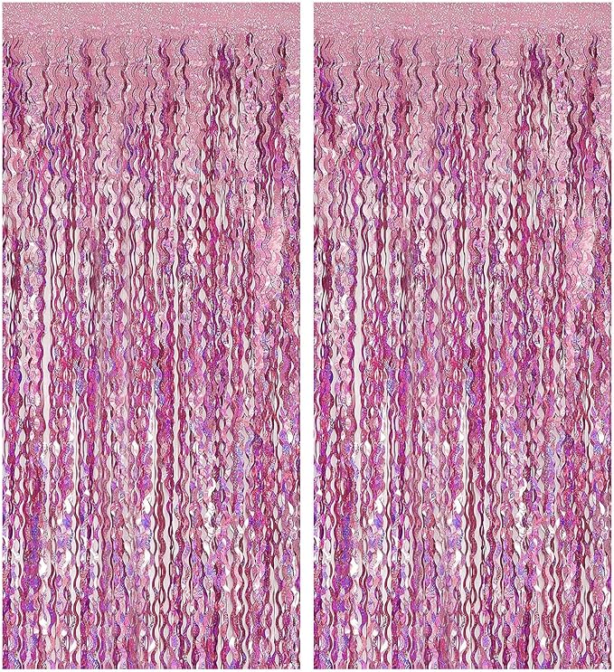 Pink Streamers Fringe Backdrop Tinsel Foil Fringe Curtains Wavy Backdrop for Parties Sparkle Metallic Wavy Foil Fringe Backdrop Curtain Photo Booth Props for Birthday Wedding