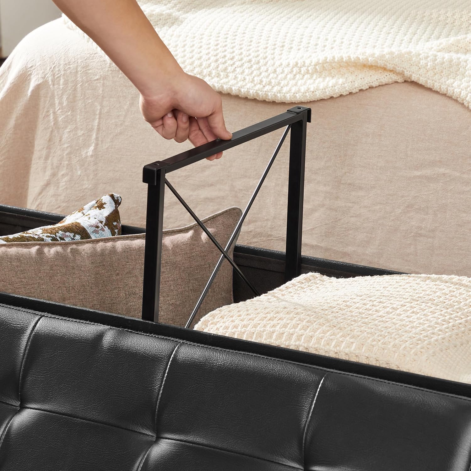 SONGMICS 43.3 Inches Folding Storage Ottoman Bench with Flipping Lid | Storage Chest Footrest Padded Seat, Iron Frame Support, Ink Black, MINOTA Collection ULSF75BK