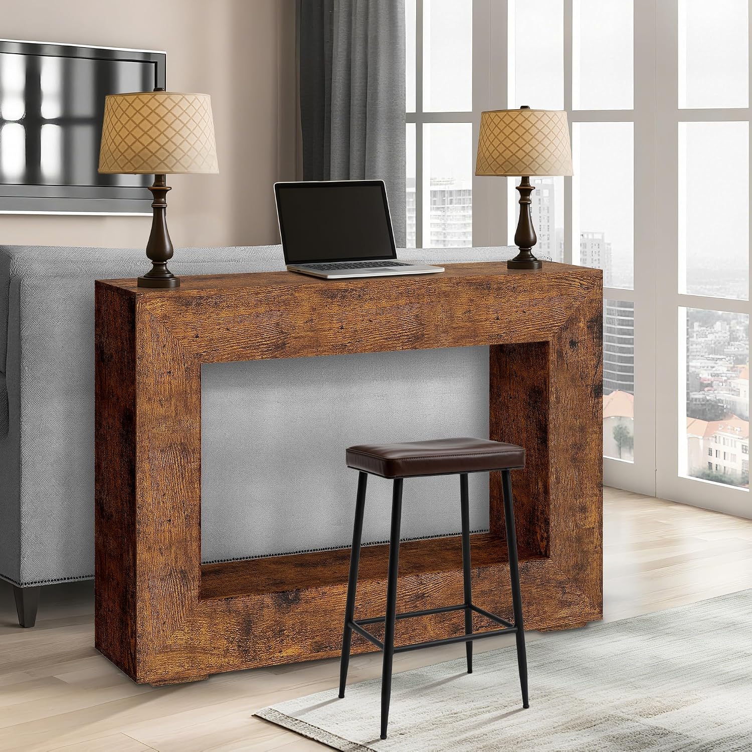 47" Farmhouse Console Table - Long Sofa Table Behind Couch, Wooden Entryway Table for Living Room, Hallway, Entrance, Rustic Rectangular Design, Brown