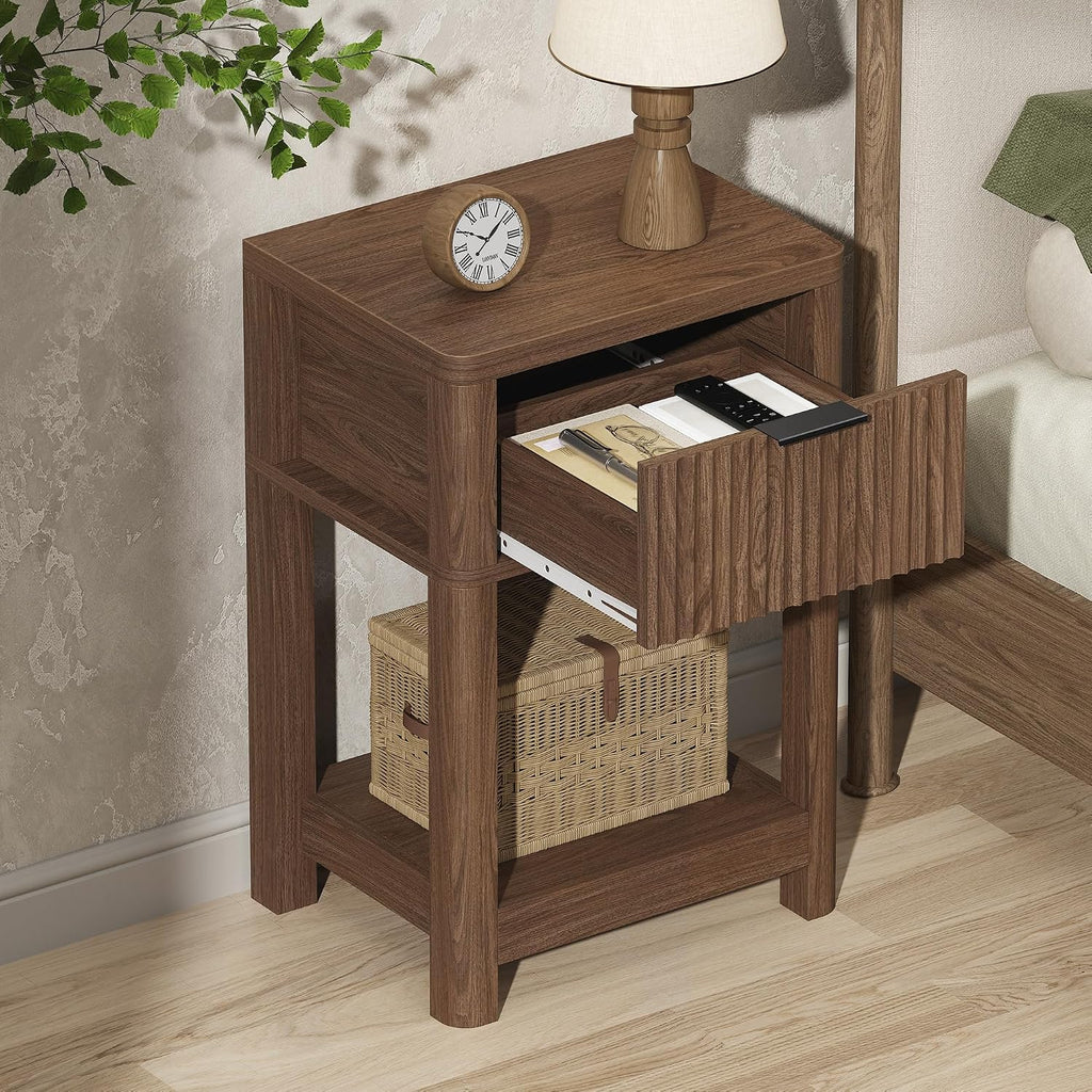 MECHYIN Nightstand Set of 2, Fluted Bedside Table with Drawer & Open Shelf