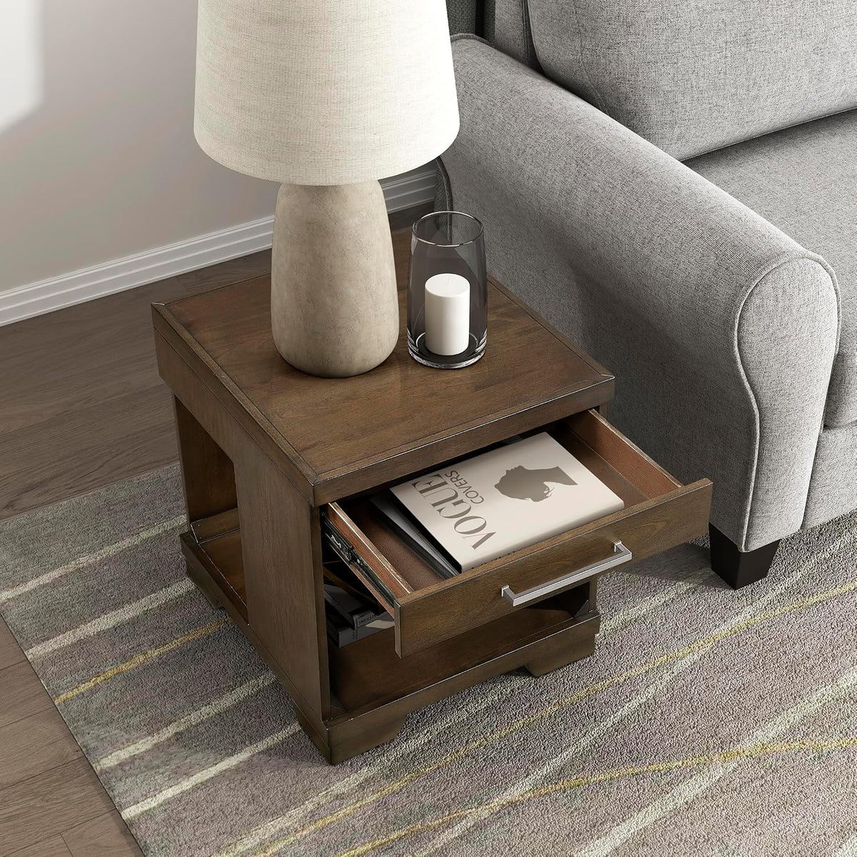 Lexicon Rectangle Wood End Table with Drawer and Lower Open Shelf, Mango Wood Veneer Small Side Table for Contemporary Living Room/Bedroom, Fully Assembled, Espresso