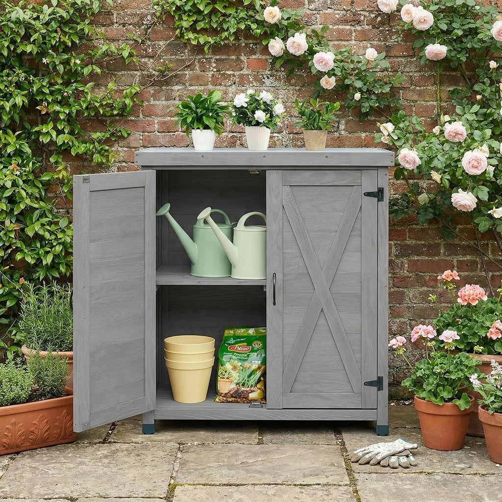 31" Weatherproof Small Storage Cabinet, Storage Cabinets with Hemlock Wood, Tool Cabinet with Magnetic Door for Patio & Garage, Gray