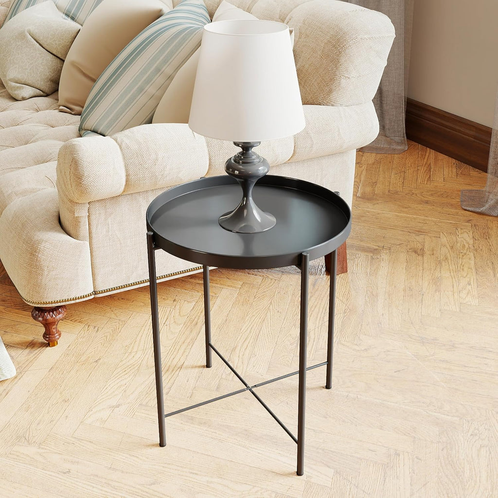 DDK 17" Round Metal Side Table with Removable Tray Top, Black Accent Table with X-Brace Frame, Indoor Outdoor End Table for Living Room Bedroom Patio Balcony