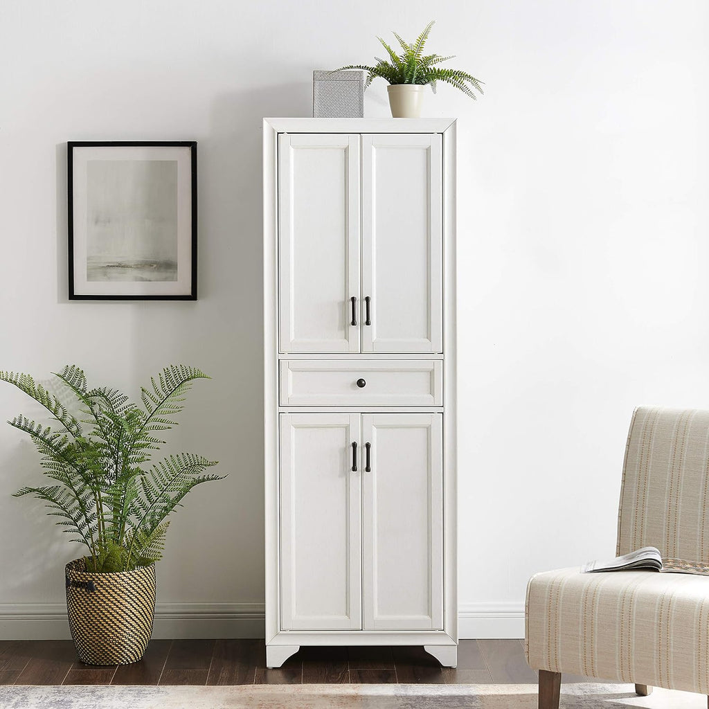 Crosley Furniture Tara Pantry Storage Cabinet with Shelves, Kitchen, Dining, or Laundry Room, Distressed White