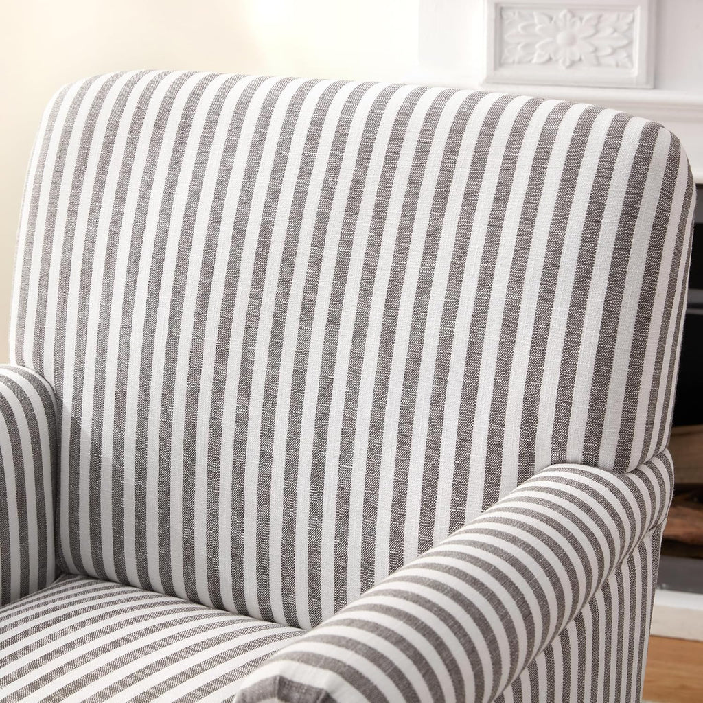 HUIMO Linen Fabric Accent Chair, Mid-Century Modern Upholstered Armchair with Solid Wood Legs, Comfy Reading Club Chair for Living Room Bedroom (1, Dark Grey and White Stripe)