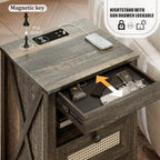 Farmhouse Night Stand with Gun Drawer, Bedside Table with Charger Station, LED Nightstand with Human Sensor Light, Smart End Table for Bedroom Livingroom, Rustic