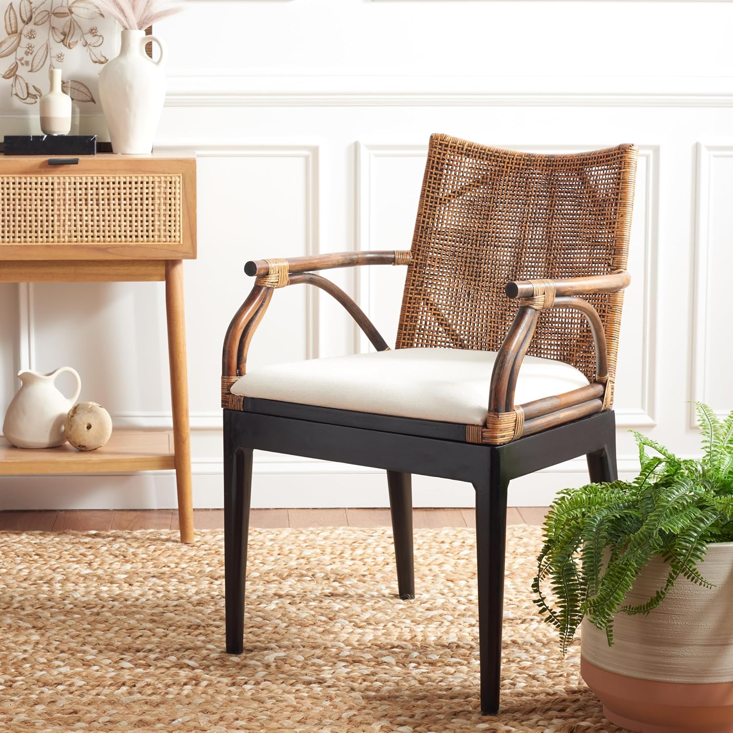 SAFAVIEH Gianni Rattan Arm Chair 19.8”, Solid Wood Brown & Black SEA4011A | Hand-Woven Rattan Back, Solid Mahogany Frame, Foam-Filled Cotton Seat, Easy Assembly, Indoor Use