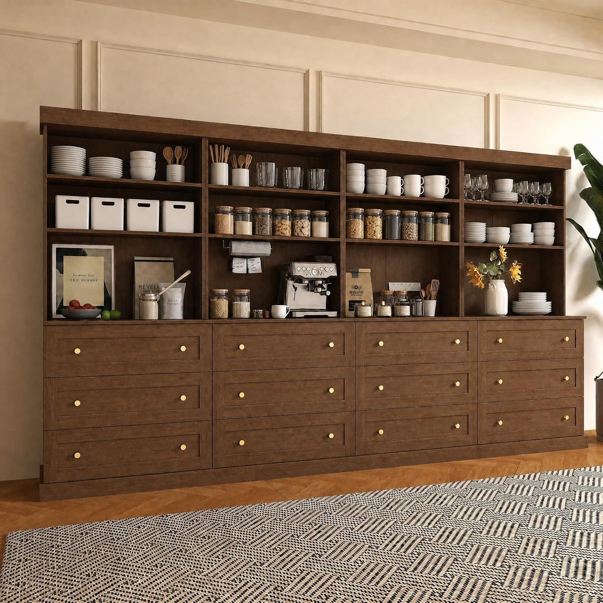 71" Farmhouse Kitchen Pantry Cabinet with Drawers, Set of 4 – Dark Brown Freestanding Coffee Bar Hutch with Adjustable Shelves, Large Storage Cabinet with Microwave Stand for Living Room & Kitchen