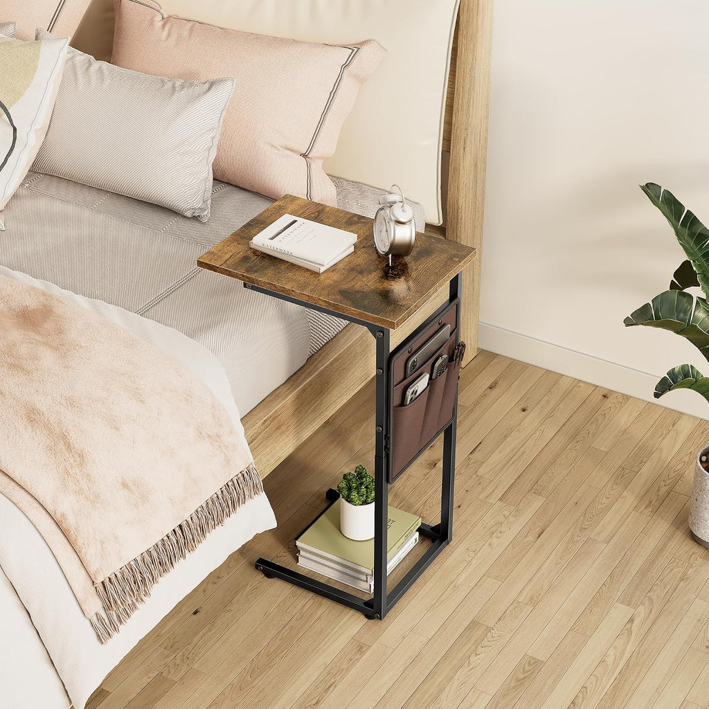 Vagusicc C Shaped End Table, Small Side Table for Couch, Tall Couch Side Table C Table for Small Space, TV Tray Slide Under Sofa Snack Table with Metal Frame for Living Room, Bedroom, Bedside, Brown
