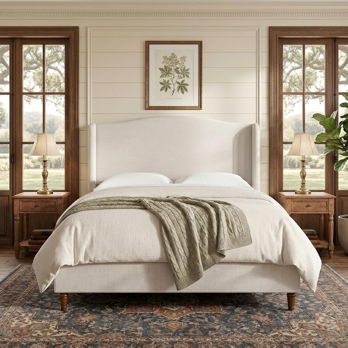 Upholstered Platform Wingback Bed Frame with 54" High Headboard, Solid Walnut Wood Feet, Sturdy Metal & Wood Slats (Chenille, Ivory White-R7902, Queen (U.S. Standard))