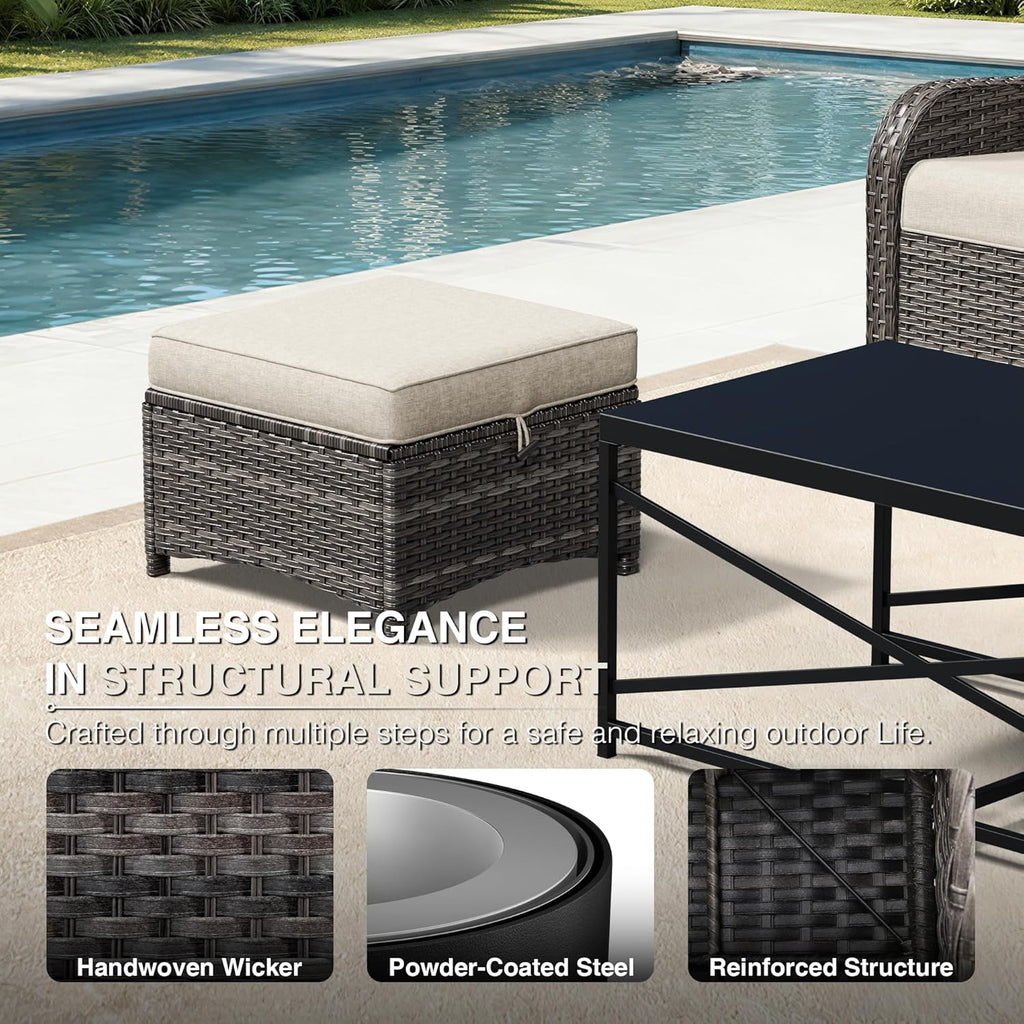 Joyside Outdoor Ottoman Set of 2, Patio Large Ottoman Foot Rest with Thickened Cushions, Outdoor Wicker Foot Stool for Porch, Deck Use