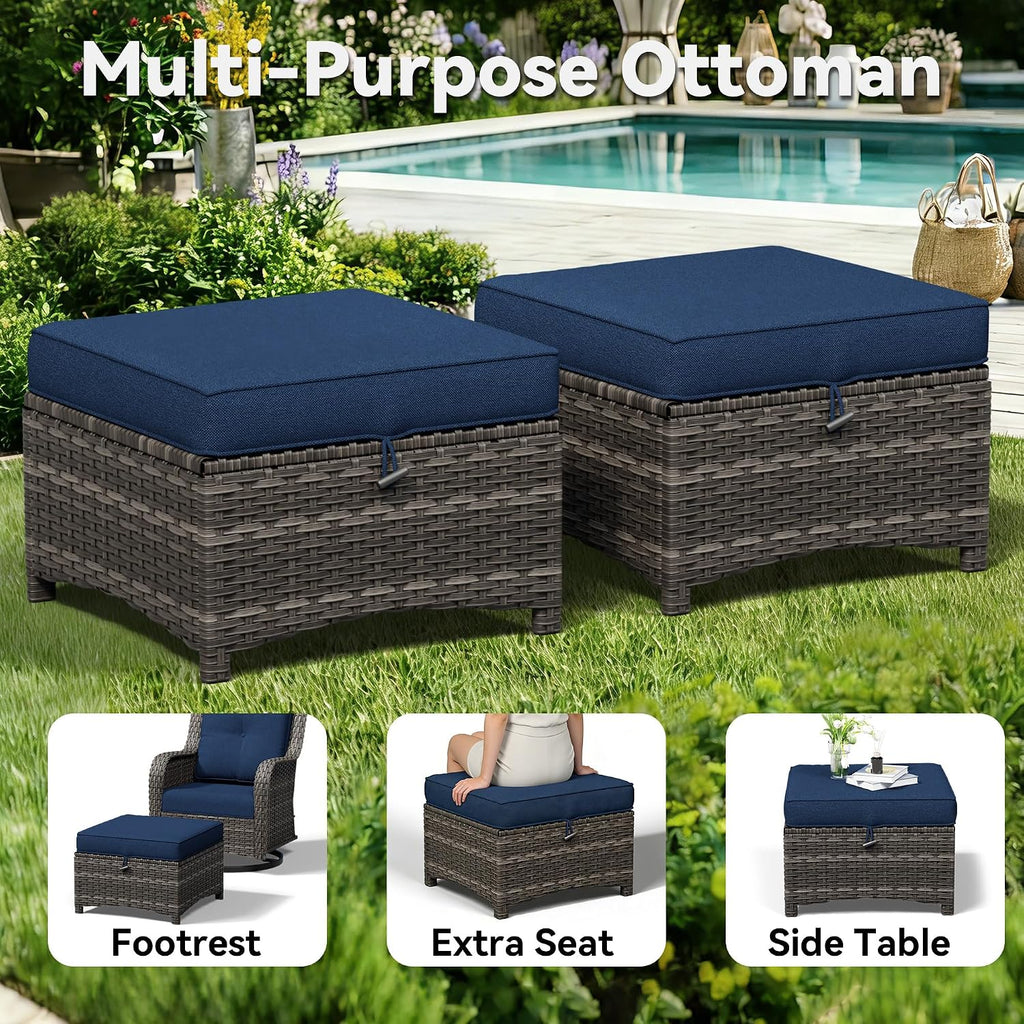 Patio Ottomans Set of 2, 22"x 22"x 18" Outdoor Wicker Footstool with Cushion, Blue, for Garden, Backyard, Deck, Porch, Balcony, Poolside