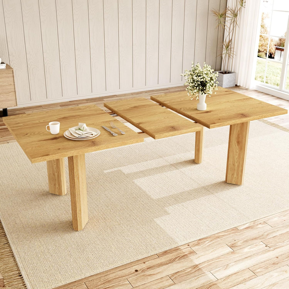 HIPIHOM Extendable Dining Table for 6-8, Space-Saving (Oak) | MDF Farmhouse Kitchen Table, Extends 63-78.7'', Seats 6-8, Space-saving for Kitchen, Dining & Living Room