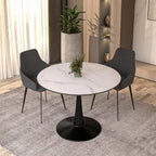 LeisureMod Bristol 40" Round Dining Table, Modern MDF Wood in Black Metal Pedestal Base Accent Table Mid-Century Café Table, Kitchen Dining Room Furniture, Marbled White