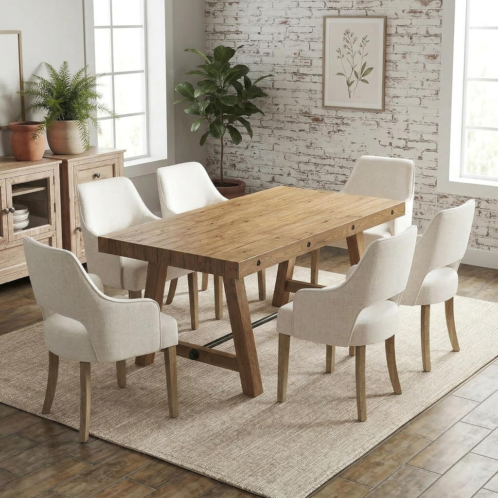 7-Piece Farmhouse Wooden Dining Room Table Set for 6, 59" Reclaimed Wood Dining Table with Upholstered Chairs, Solid Wood Kitchen Table & Chair Set for Dining/Kitchen Room, Brown