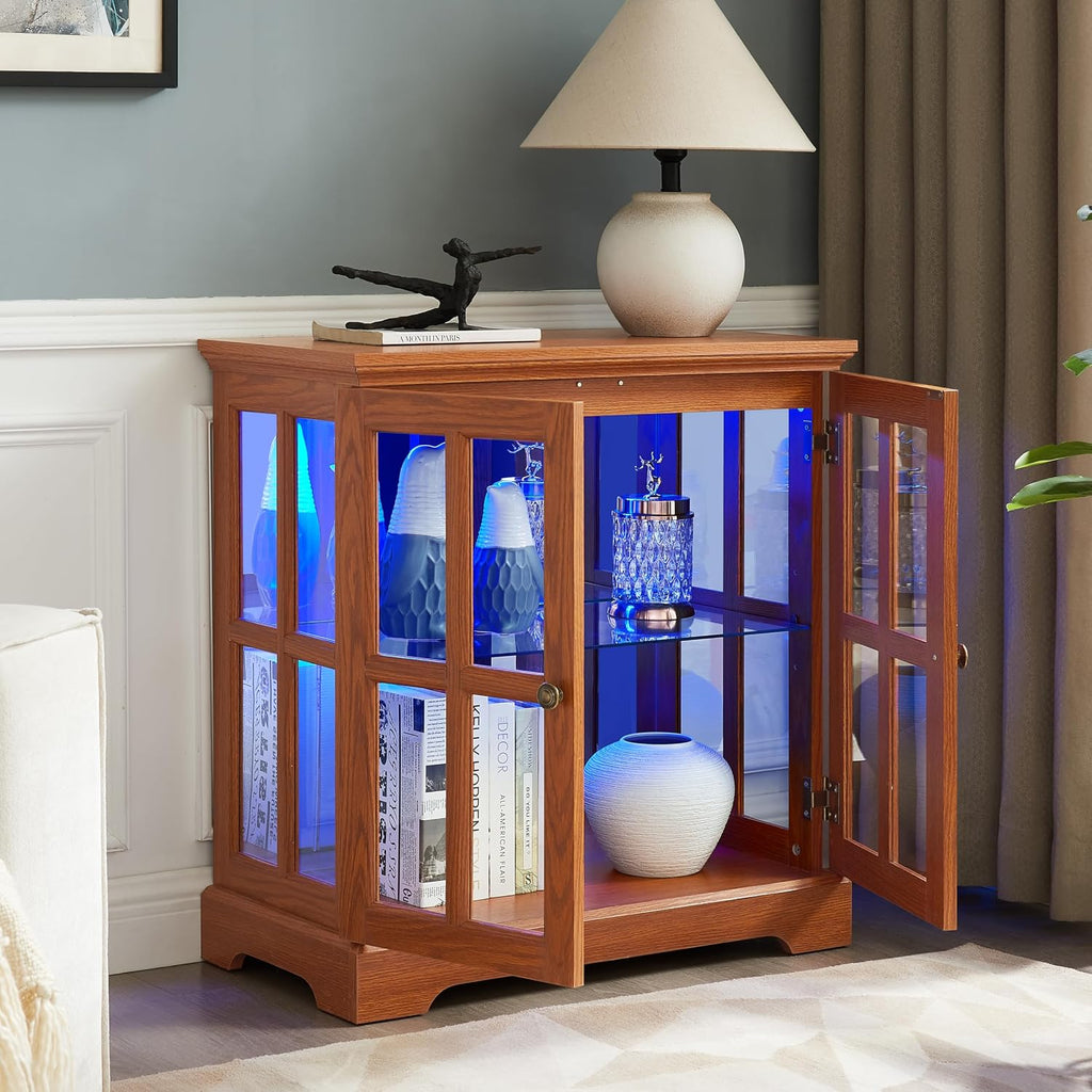 KEIKI Lighted Curio Display Cabinet with Adjustable Glass Shelves, Retro Storage Cabinet with Tempered Glass Doors, Elegant Showcase for Home Décor, Dark Oak